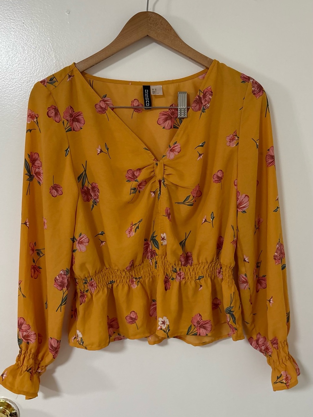 H&M Mustard Floral Knot-Front Peplum Blouse